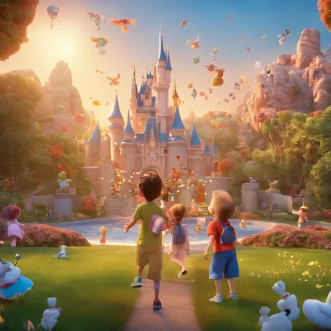 create a 3D movie poster inspired by Disney Pixar, The scene of children surrounded by angels,who are in your protection.