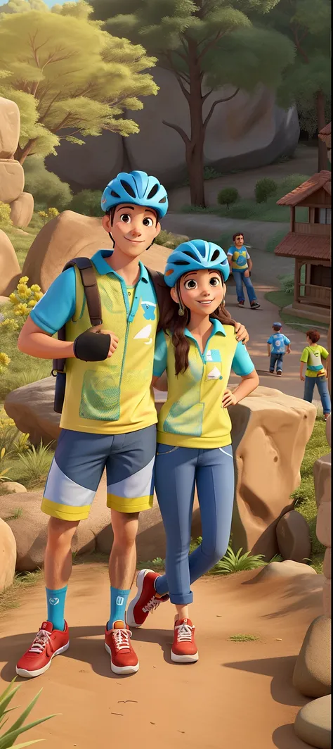 Casal de ciclistas felizes na trilha, com camisa escrito pedal Brothers, estilo Disney pixar.