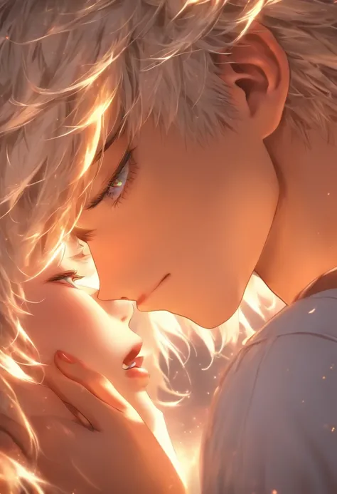 Best quality, Masterpiece, 超高分辨率, (Photorealistic: 1.4), RAW photo, 1girll, cropped shoulders, Cinematic lighting, Kissing position, Heterochromia, White hair, White hair