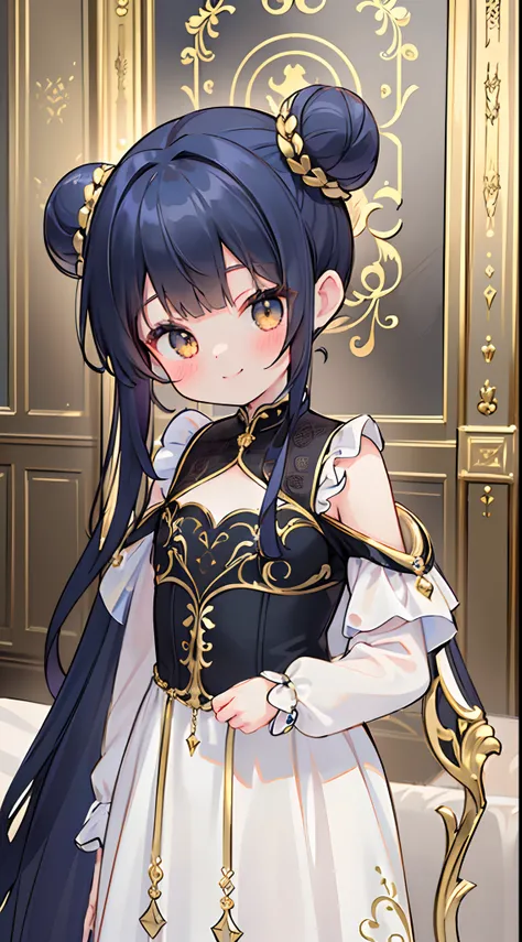 ((Masterpiece，Top image quality，Best Quality，8K，​masterpiece))girl1，Lori，Ultramarine hair，((Luxurious bun at the bottom))，Golden eyes，Black plush dress，golden embroidery，Smile in full bloom，nobles，Upper body only，Lori，kawaii，Smirk，childlike smile