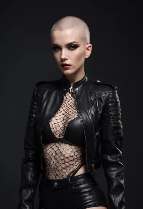 Beautiful shaved head woman with piercings dressed in leather jacket and fishnet bodysuit posing for a photo in a dark studio, black make-up, techno aesthetic, sensual pose, ultra detailed, photorealistic, masterpiece.