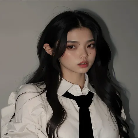 mulher argada com longos cabelos pretos vestindo uma camisa branca e gravata preta, cruel korean goth girl, Jinyoung Canela, com cabelos longos e olhos penetrantes, Retrato de Jossi de Blackpink, Ulzzang, menina coreana, Sakimichan, com longos cabelos pret...