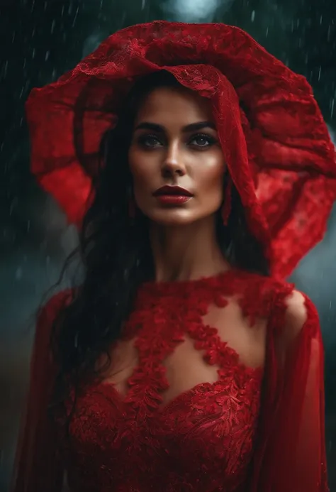 ((best quality, 8k, vestido de renda maxi, Standing in the rain, Distrito da Luz Vermelha, Textura altamente detalhada do rosto e da pele, Olhos detalhados, double eyelids.)