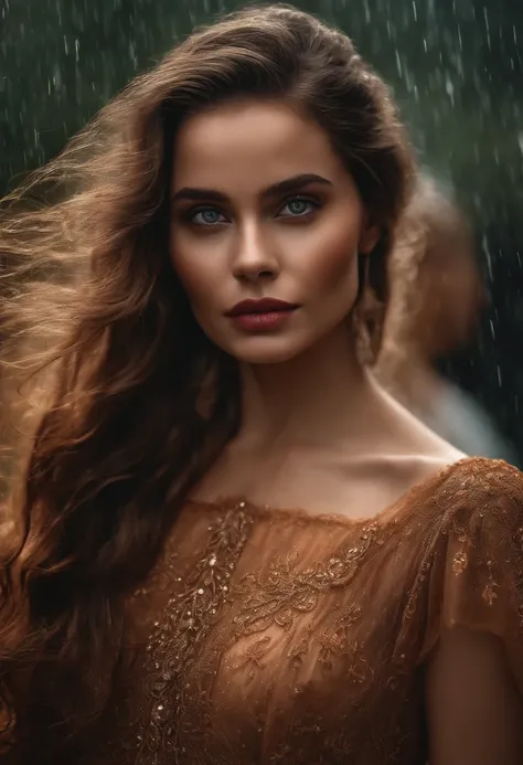 ((best quality, 8k, vestido de renda maxi, Standing in the rain, Distrito da Luz Vermelha, Textura altamente detalhada do rosto e da pele, Olhos detalhados, double eyelids.)