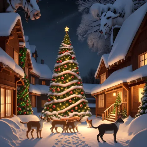 In a snowy landscape、Animals are happily having a Christmas party around the illuminated Christmas tree