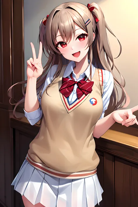 masterpiece, best quality, highres, fel1, hairclip, white shirt, red bow, school uniform, collared shirt, sweater vest, red bowtie, cowboy shot, peace sign, smile, open mouth