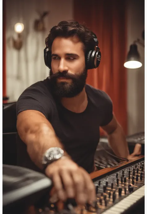 um homem, em breve, barba curta, olhos castanhos, com fones de ouvido, A music studio in the background, Imagem no estilo Pixar, Estilo de filme animado 3D, Disney, camiseta preta