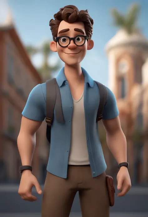 Cartoon character of a man with black glasses, cabelo cacheado marrom escuro e uma camisa azul, animation character, Caractere estilizado, animation style rendering, 3D estilizado, Arnold Maya render, 3 d render stylized, toon render keyshot, Personagem 3D...