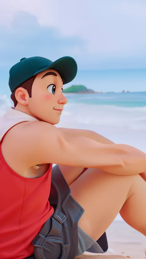 Um garoto de camiseta vermelha, Black cap sitting on the beach looking at the horizon Disney Pixar Style, alta qualidade, best resolution