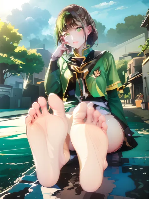 (masutepiece:1.1), (A high resolution:1.2), (illustration:1.05), (ultra detailed 8k art:1.05), (finely detailed beautiful eye), Perfect face, Bright pupils, Glossy glossy skin, Hayami_Years on ,Green eyes, , black_bag over the waist, Green_cloaks, Green_Ja...