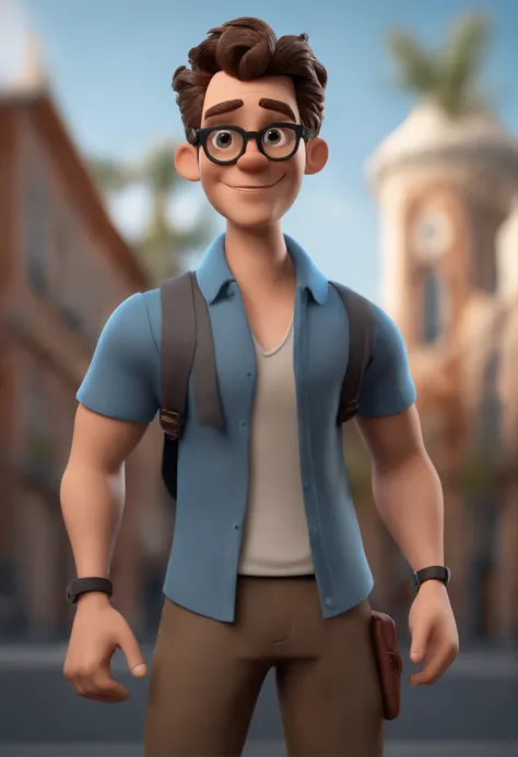 Cartoon character of a man with black glasses, cabelo cacheado marrom escuro e uma camisa azul, animation character, Caractere estilizado, animation style rendering, 3D estilizado, Arnold Maya render, 3 d render stylized, toon render keyshot, Personagem 3D...