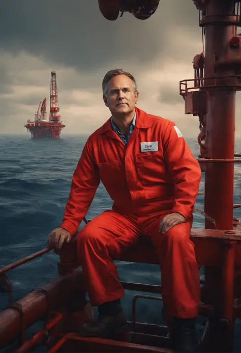 A businessman in red overalls on an oil rig in the middle of the sea in Pixar style