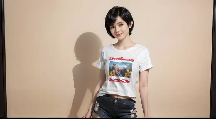 85
(a 20 yo woman,is standing), (A hyper-realistic), (masutepiece), ((short-hair:1.46)), (Smooth black hair), (Breast:1.0), (kindly smile), Wearing shorts, (Wear a T-shirt with a character design print), (Beautiful skin:1.5)