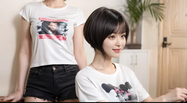 85
(a 20 yo woman,is standing), (A hyper-realistic), (masutepiece), ((short-hair:1.46)), (Smooth black hair), (Breast:1.0), (kindly smile), Wearing shorts, (Wear a T-shirt with a character design print), (Beautiful skin:1.5)