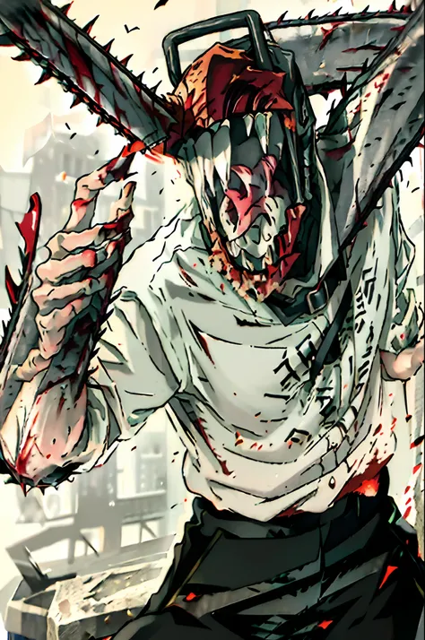 Masterpiece, beste-Qualit, hight resolution, Monster Boy, DJB, sharp teeth, chainsaw, blood on the clothes, Blood on Weapon, shirt with collar, black pant, tongue sticking out,Rage