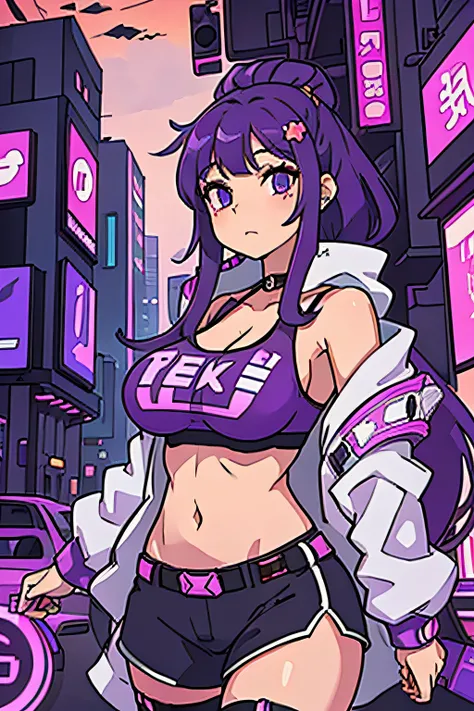 neko, girl, big boobs, purple hair, cyberpunk city