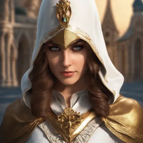 Uma foto de corpo inteiro da Princesa Zelda, brown hair, olhos azuis, vestido como um Assassino de Assassins Creed, em branco+gold with a white mask and hood with golden details, Busto XL, using a wrist blade. Background Story: A city during the Renaissanc...