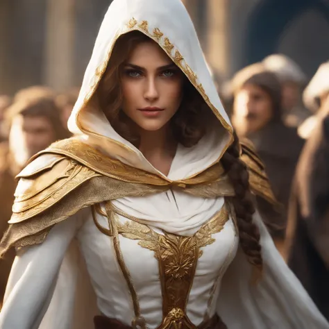 Uma foto de corpo inteiro da Princesa Zelda, brown hair, olhos azuis, vestido como um Assassino de Assassins Creed, em branco+gold with a white mask and hood with golden details, Busto XL, using a wrist blade. Background Story: A city during the Renaissanc...