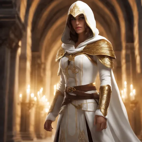 Uma foto de corpo inteiro da Princesa Zelda, brown hair, olhos azuis, vestido como um Assassino de Assassins Creed, em branco+gold with a white mask and hood with golden details, Busto XL, using a wrist blade. Background Story: A city during the Renaissanc...