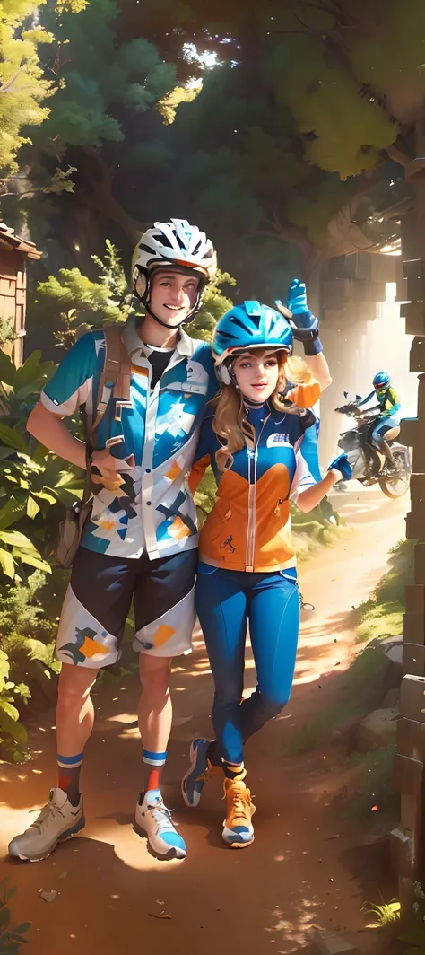 There are two people standing on a path with helmets, arte promocional, nova aventura, uniformes coloridos, Arte Oficial, Mais detalhes, official illustration, promotional render, horseback riding, illustartion, ciclismo!!, Fanart, Jogo CG, Cartoon style i...