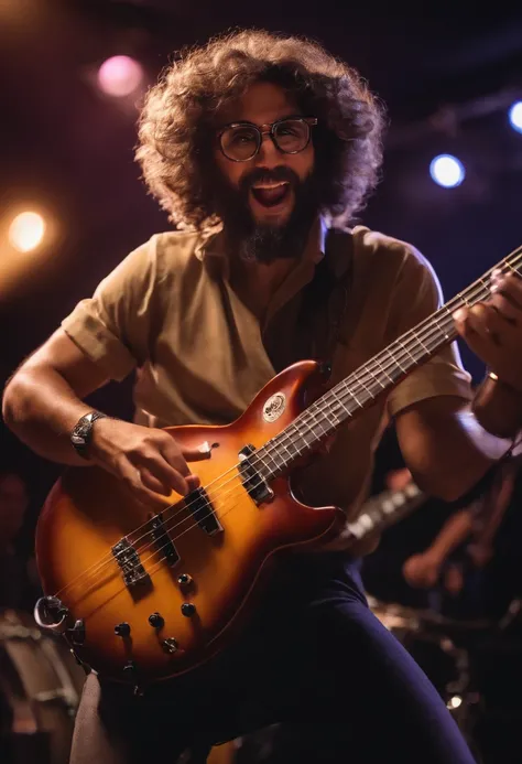 Um homem brasileiro branco um pouco acima do peso sem cabelo, Brown eyes and round glasses playing electric bass in a band, with a stage in the background inspired by Pixar animation. The captivating facial expression with a touch of unreality.