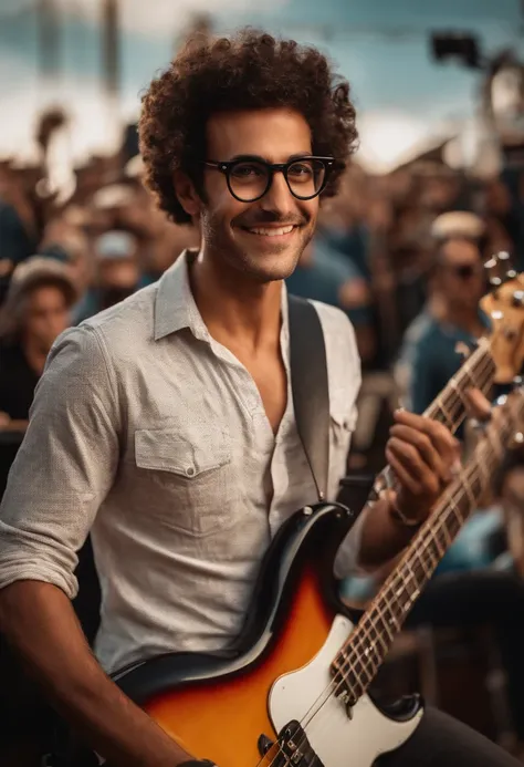 Um homem brasileiro branco um pouco acima do peso sem cabelo, Brown eyes and round glasses playing electric bass in a band, with a stage in the background inspired by Pixar animation. The captivating facial expression with a touch of unreality.