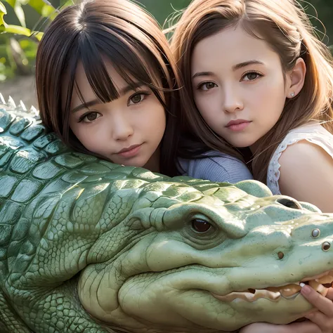 Girl hugging baby crocodile