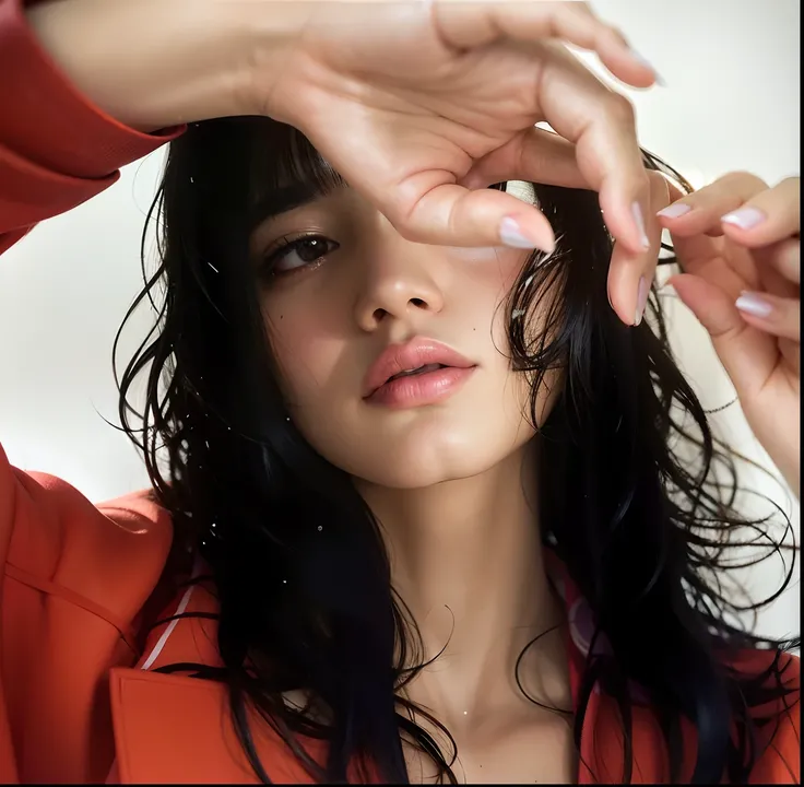 Mujer arafed con cabello largo y negro y camisa naranja que se lleva la mano a la cara, Janice cantó, Kiko Mizuhara, Jingna Zhang, por Irakli Nadar, Jinyoung Shin, Foto en color hiperrealista, Lulu Chen, Brillante por la lluvia, realista. Cheng Yi, Xision ...