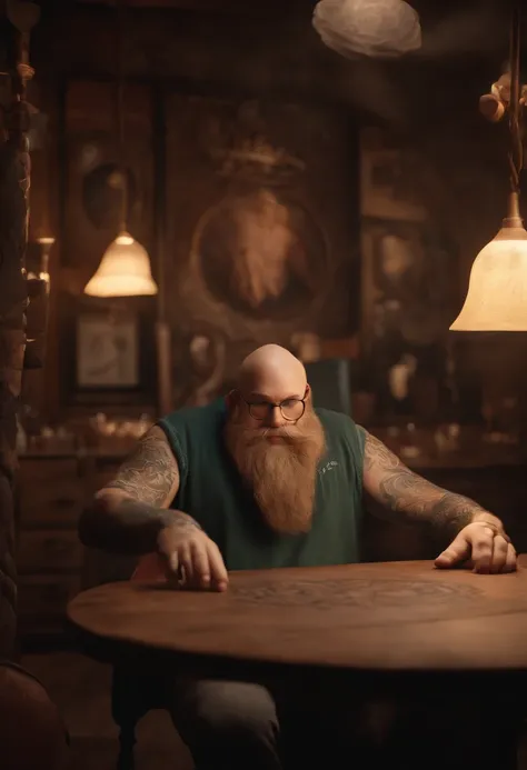 Personagem de desenho animado de um homem de corpo inteiro poster disney/Pixar Digital Sculpture Z Brush Tattoo Artist Cartoon Big Hair With Beard Sitting On A Chair In Tattoo Studio Making A Tattoo On A Pig Name A Rhomuleque Tattoo Sign On The Wall Tattoo...