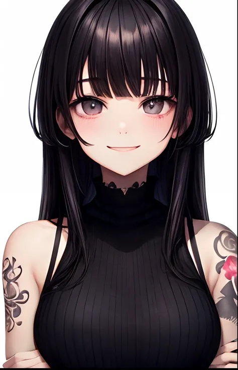 girl with、No background、without background、Background through、A dark-haired、The long-haired、long、Subject bangs、Pattsun bangs、Aligned bangs、Sareme、drooping eyebrows、Takuambi、Marovi、Round eyebrows、morbid、Dark look、Tattoo on the arm、The tattoo、embarrassed、kaw...