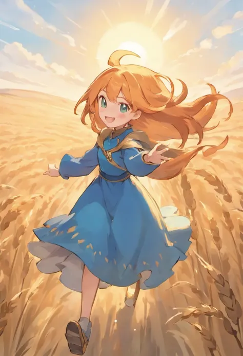 1 girl, Solo, Long orange hair, Running, (High wheat fields), Turning around, Emerald eyes, Long blue dress, Middle Ages, medieval clothing, Long-sleeved sunset, Light from behind, Shadows on characters, Smile, Laughter, (Blue sky), Against the background ...