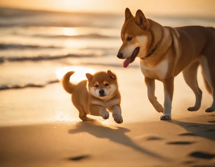 Shiba dog、pup、Playing on the beach