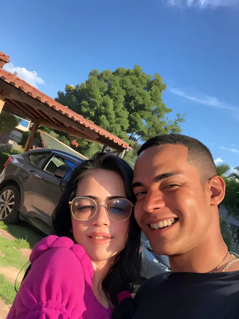 There is a man and a woman posing for a photo in front of a house, Directed by: Nandor Soldier, caio santos, imagem de perfil, mateus 9 5, Directed by: Willian Murai, Directed by: Emerson Silva, vacation photo, Malika Favre, Directed by: Samuel Silva, por ...