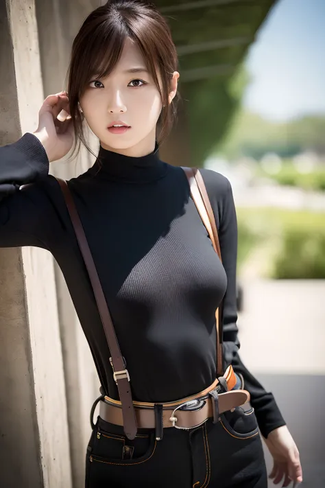 ​masterpiece、flat-colors、depth of fields、lens flare 1 girl、、brown hair、watching at viewers　　　　a belt　black suspenders　　　large fu...