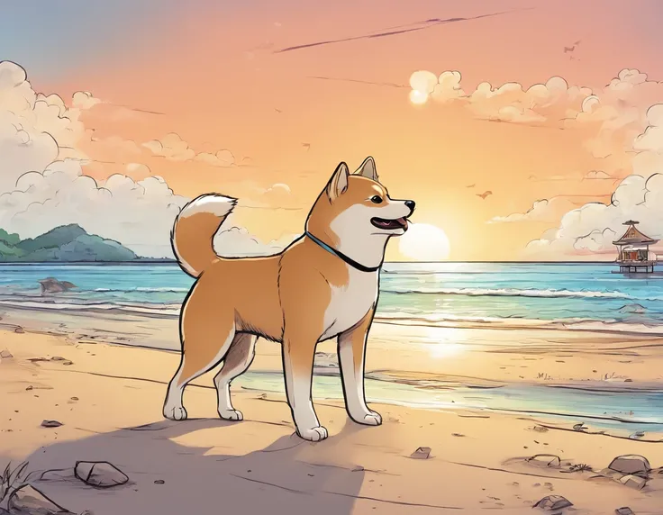 Shiba dog、pup、Playing on the beach