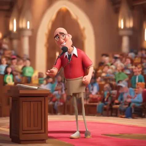 Create a 3D character in Disney Pixar style, he is a man, 39 years old, bald, has hair only on the sides of his head, long and thin face, pointed chin, small mouth, fair skin, no beard, wears a red polo shirt, holds a microphone, next to a glass pulpit wit...