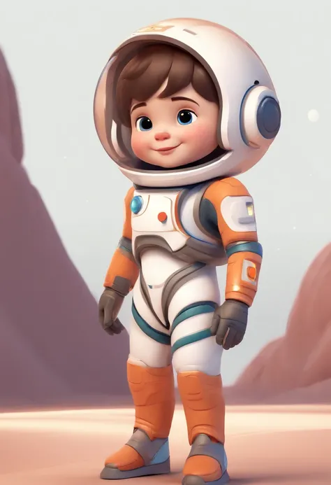 A happy and cute child standing with short hair, wearing a space costume, white backgrounid, Gamine, pixar-style, 3D, cartoony, Detal Face, Asymmetric 16K