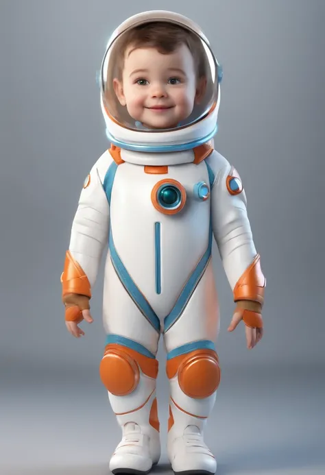 A happy and cute child standing with short hair, wearing a space costume, white backgrounid, Gamine, pixar-style, 3D, cartoony, Detal Face, Asymmetric 16K