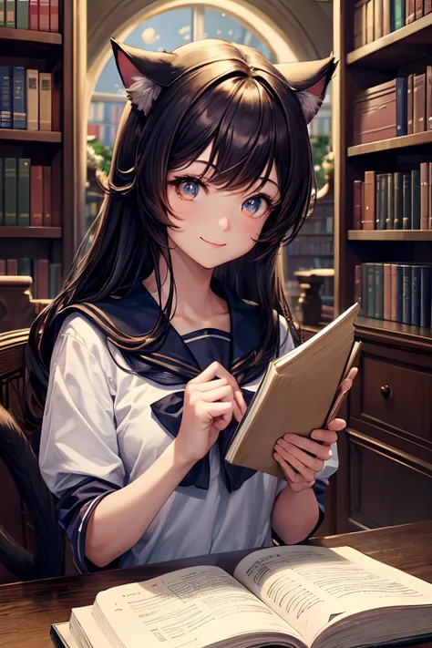 Top quality, high res, perfect human structure, background focus, front view, glowing hair, glowing eyes, sailor suit, cat ears, dark hair, medium chest, happy smile, library, books lined up, gradient eyes, swept bangs,