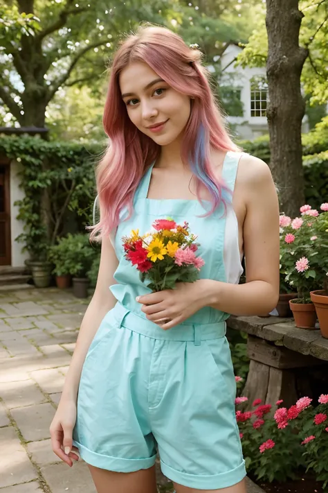 a girl with colored hair standing in a vibrant garden, surrounded by blooming flowers and tall trees, wearing a trendy outfit,[yyy,greenery,flower petals falling]. Her eyes are beautifully detailed, with long eyelashes and a hint of mischief. She has a bri...