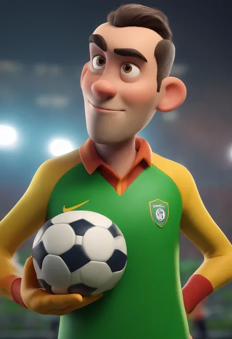 Cartoon character of a goalkeeper with the ball in his hand and a green shirt with the number 99 short hair, animation character, Caractere estilizado, animation style rendering, 3D estilizado, Arnold Maya render, 3 d render stylized, toon render keyshot, ...