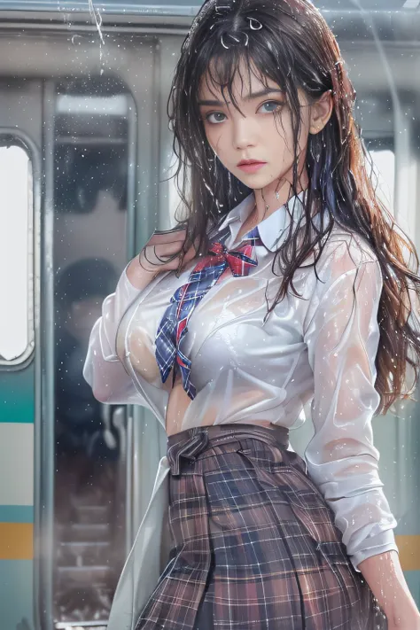 ((Schoolgirl standing in front of the door of a train)),((Wet white blazer))、((Wet translucent white blouse))、((red bowtie))、((Dark blue checked skirt)). 40k, Photography, masutepiece, Best Quality, cloudy ash sky, ((1 girl with beautiful eyes、Brown Light、...