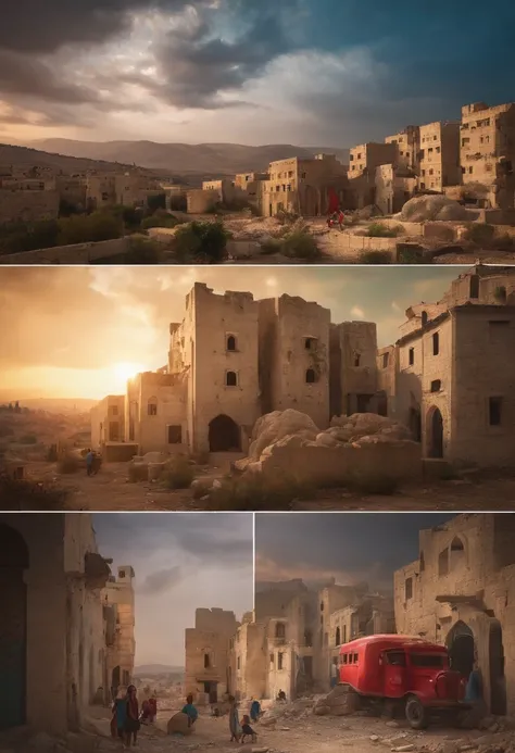 destroyed abandoned city in palestine with kids hug watermelon