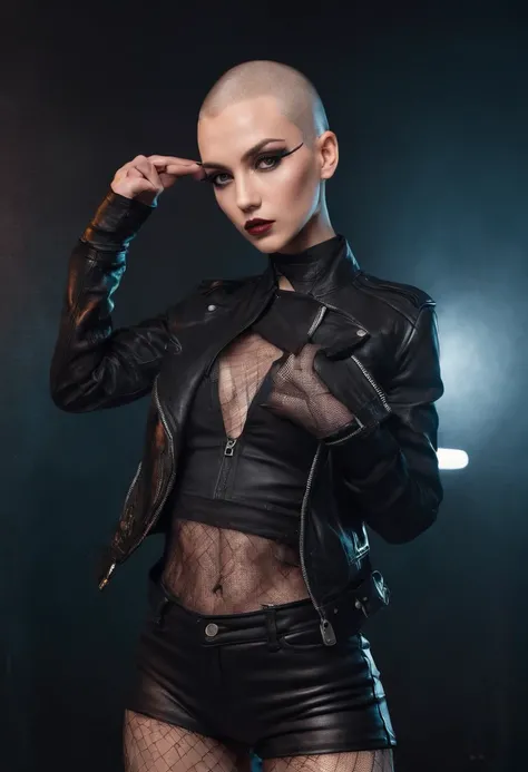 Beautiful shaved head woman dressed in leather jacket and fishnet bodysuit posing for a photo in a night club, black make-up, techno aesthetic, sensual pose, ultra detailed, photorealistic, masterpiece.