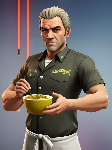 Now make a character from a restaurant in the style and format of an NPC from the game GTA V with restaurant uniform with tropical colors ultra quality 4k ultra realistic 3d profile image with white background --auto --s2