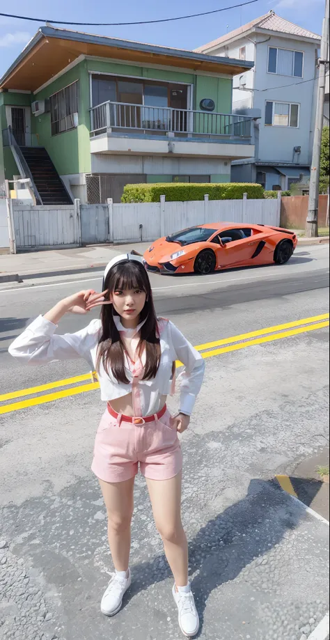 Real Japan cute girl with red lips, orange Lamborghini Aventador