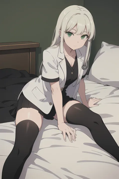 1 girls, long white hair, (green eyes:1.5), solo, doctor, ((white doctors outfit with black blazer)), ((black legwear, zettai ryouiki)),  facial expression, lay on bed, bedroom, sharp outline, short sleeves, looking at viewers, camera angle from front, ful...