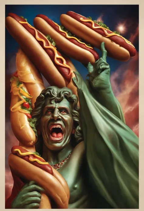 Satan worshipping a hot dog, hot dog statue print