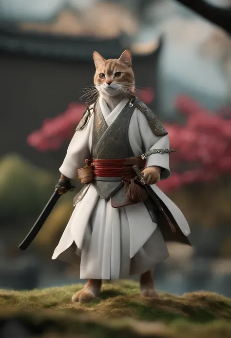 um gato samurai, com armadura hyper detalhada e ornamentada, uma espada samurai detalhada , em uma cidade japonesa como kyoto e com muitas pessoas ao redor, camera superior e isometrica com o personagem focado ao centro da imagem, lentes wide e pouco efeit...