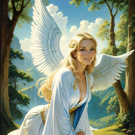 masterpiece, realistic, the most beautiful mature woman, small blue eyes, radiant makeup, wonderous and natural grace, pleasant smile, fun filled and playful, beautiful flowing blonde hair, flowing white robes, perfect angel wings, inside a beautiful ancie...